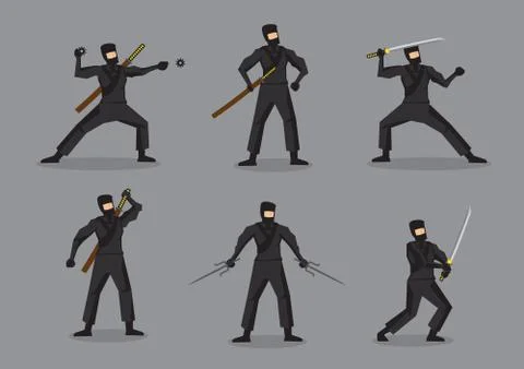 Japanese Ninja with Weapons Vector Characters Stock Illustration