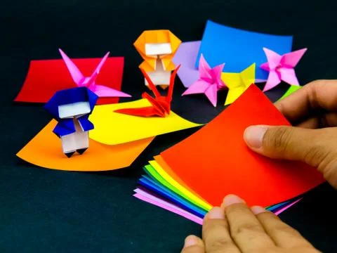Japanese Origami Toys Folding Instructions; How to Play Stock Photos