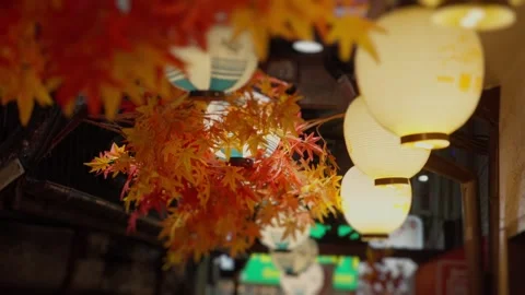 Japanese paper lanterns and maple leaves illuminating a street Stock Footage 340321887