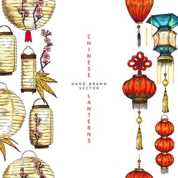 Japanese paper lanterns, vector border, illustration by hand on white. Stock Illustration
