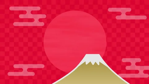 Japanese pattern background of Mt. Fuji, sunrise and clouds (seamless loop, red) Stock Footage 164418136