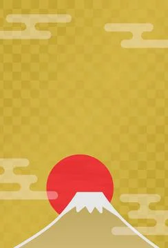 Japanese pattern background of Mt. Fuji, sunrise and clouds (vertical position) イラスト素材