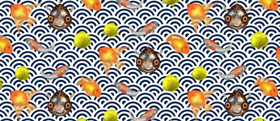 Japanese pattern with Different types of fish, colorful, with bright scales Stock Illustration