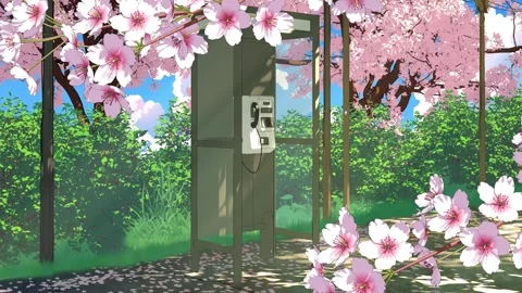 Japanese Phone Booth in Spring Forest – Anime Style Background Stock Footage 341853866