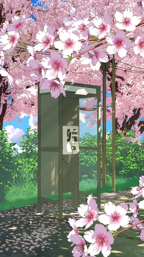 Japanese Phone Booth in Spring Forest – Anime Style Background Stock Footage 341853872
