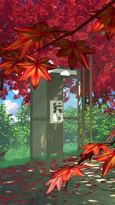 Japanese Phone Booth Surrounded by Red Maple Leaves – Autumn Anime Background Stock Footage 341853013