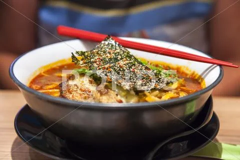 Japanese Pork Ramen Noodles and Chopsticks Stock Photos