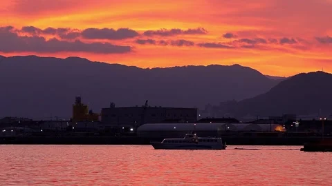 Japanese Port in a Sunset Sky Changing from Orange to Pink, 4K Video stock 341122136