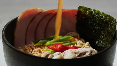 Japanese Ramen with Beef or chicken, rice noodles with fried meat, Tom Yam kung Stock Footage 294273853