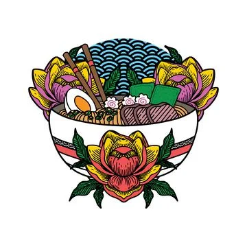 Japanese ramen noodles vector icon illustration with vintage retro flat style Stock Illustration
