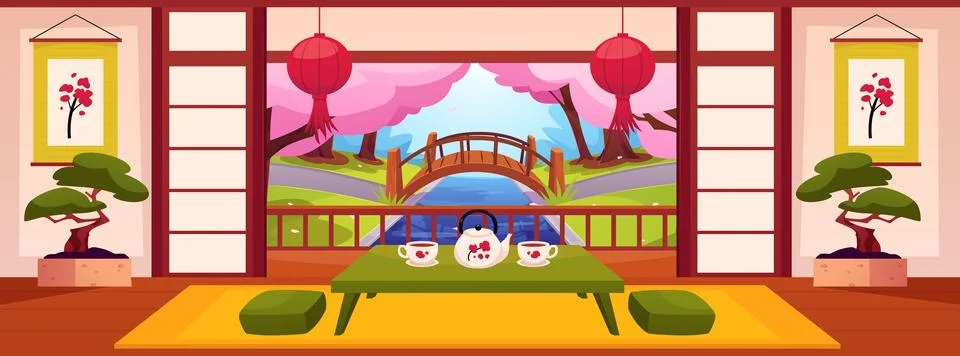 Japanese room interior vector flat illustration, Sakura cherry blossom tree and Stock Illustration