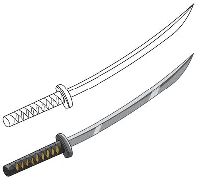 Japanese Samurai Katana Sword Vector Illustration in Color and Line Art Stock Illustration