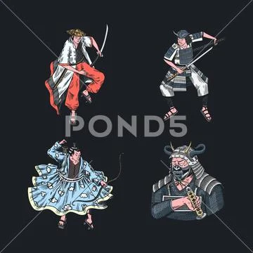samurai in kimono fighting with katana in jump isolated on grey Stock Photo  by LightFieldStudios
