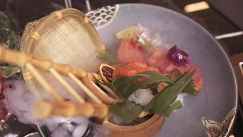 Japanese Sashimi with Liquid Nitrogen Serving, Close-Up 스톡 동영상 304802935