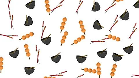 Japanese seamless pattern featuring food bowls, dango skewers, and samurai .. Stock Illustration