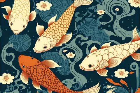 Japanese seamless pattern, koi fish, Made by AI,Artificial intelligence Stock Illustration