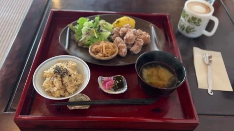 Japanese Soy Meat Karaage Brown Rice Miso Soup Set Meal Stock Footage 344317841