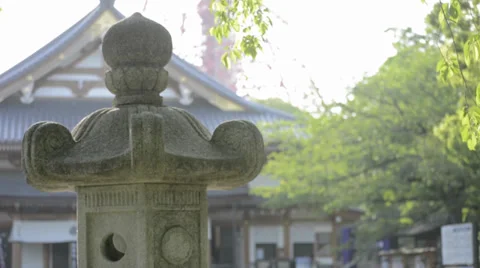 Japanese Stone Lantern with Temple in Background Video stock 37736708