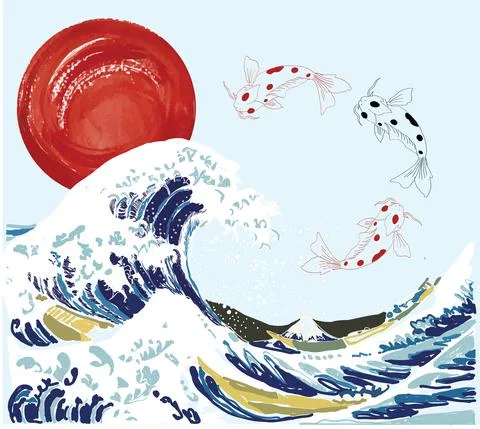 Japanese style background vector. The great wave off Kanagawa with Koi fishes Stock Illustration
