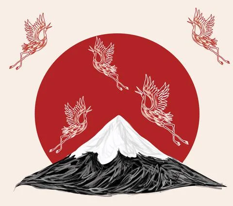 Japanese style background vector. Mountain, stork hand drawing vector illustr Stock Illustration