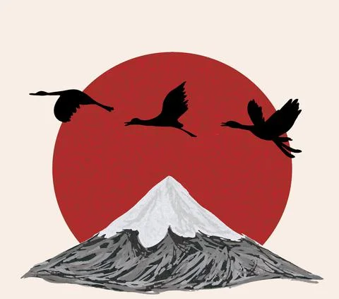 Japanese style background vector. Mountain, stork hand drawing vector illustr Stock Illustration