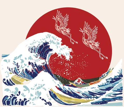 Japanese style background vector. Storks and wave hand drawing vector illustr Stock Illustration