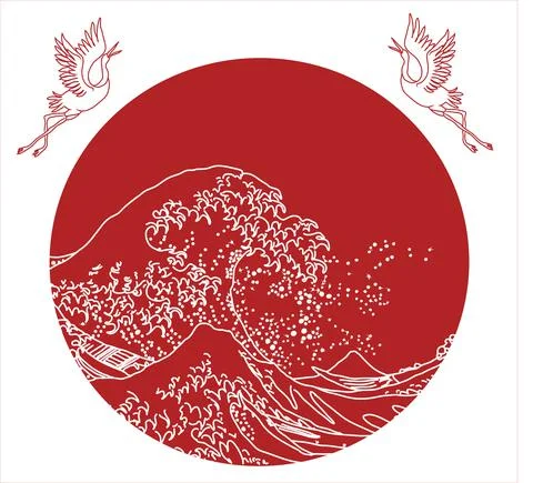 Japanese style background vector. Storks and wave hand drawing vector illustr Stock Illustration