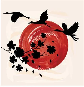 Japanese style background vector. Storks and sakura flower hand drawing vecto Stock Illustration