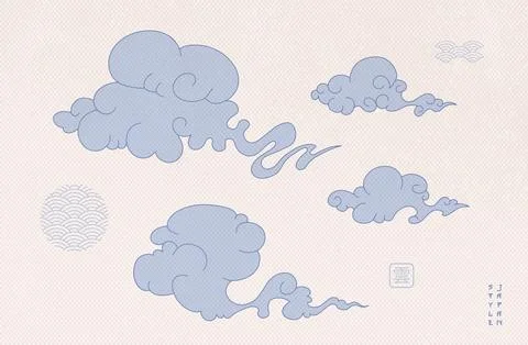 Japanese style clouds set. Hand drawn contour drawing. Flat vector illustration Illustrazione stock