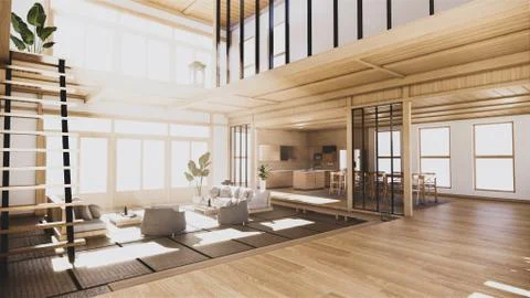 Japanese-style interior of the first floor in a two-story house. 3D rendering Stock Illustration