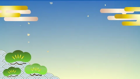 Japanese style pine trees and waves animation with golden confetti Stock Footage 345481880