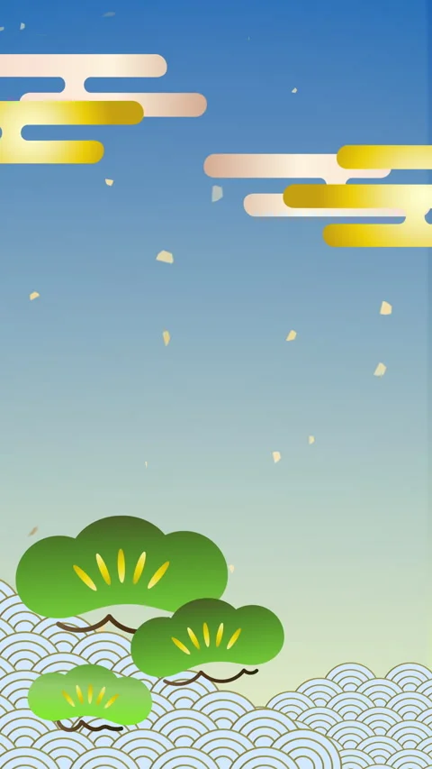 Japanese style pine trees and waves vertical animation with golden confetti Stock Footage 345481990