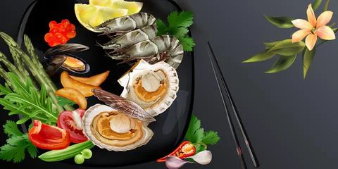 Japanese style seafood dish with king prawns and scallops. Stock Illustration