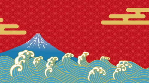 Japanese Style Wave Animation  Loopable with Mount Fuji and Cloud Background Stock Footage 312661848