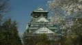 Japanese Symbol Famous Landmark Osaka Old Historic Castle Japan Cherry Trees Day HD Footage