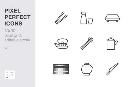 Japanese tableware line icon set. Chopsticks, sushi plate, sake, soup bowl, roll Stock Illustration