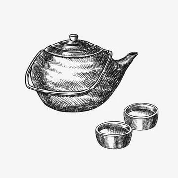 Japanese tea party. Teapot and traditional bowls. Hand Drawn engraved sketch for Stock Illustration