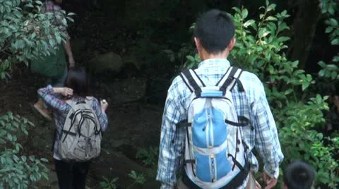 Japanese teacher and schoolkids descend on a mountain path Stock Footage