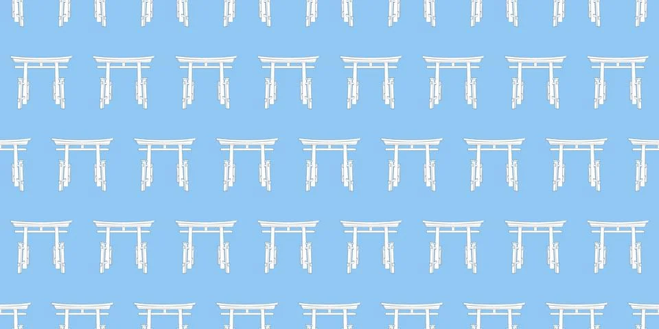 Japanese torii gate seamless pattern on blue background. Vector outline asi.. Stock Illustration