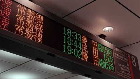 Japanese Train station time table schedule sign board at station platform Stock-Footage 219332731
