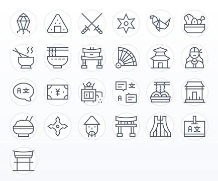 Japanese Vector Icon Library with 25 Regular Line 128x128 Editable Designs Stock Illustration