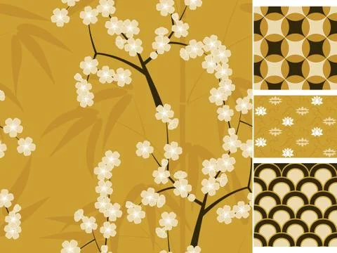 Japanese vector seamless patterns set with bamboo, sakura and traditional Illustrazione stock