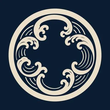 Japanese Wave Crest Pattern Circle Emblem Vector Stock Illustration