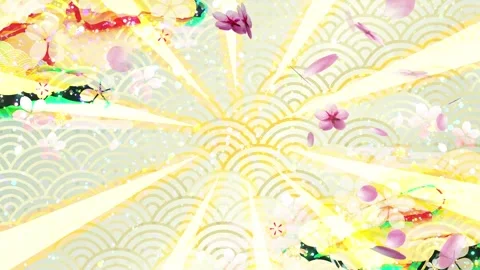 Japanese Wave Pattern Background with Falling Sakura and Radial Lines Stock Footage 344634425