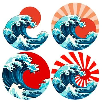 Japanese Wave Vector Set with Rising Sun Elements Illustrazione stock
