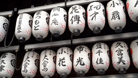 Japanese White Hanging Lanterns With Script Waving In The Wind - Low-angle Stock Footage 128281884