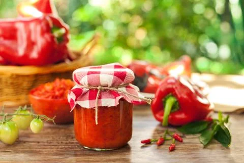 Jar with ajvar on the table Stock Photos