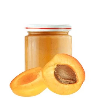 Jar of baby puree and fresh apricot isolated on white Stock Photos