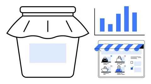 Jar with blank label, bar graph, online store interface. Ideal for small busi Stock Illustration