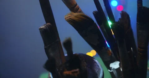 Jar with brushes in art studio Stock Footage 148199970